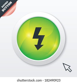Photo flash sign icon. Lightning symbol. Green shiny button. Modern UI website button with mouse cursor pointer. Vector