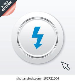 Photo flash sign icon. Lightning symbol. White button with metallic line. Modern UI website button with mouse cursor pointer. Vector