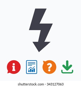 Photo flash sign icon. Lightning symbol. Information think bubble, question mark, download and report.