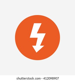 Photo flash sign icon. Lightning symbol. Orange circle button with icon. Vector