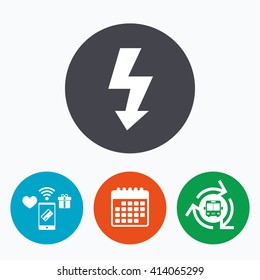 Photo flash sign icon. Lightning symbol. Mobile payments, calendar and wifi icons. Bus shuttle.