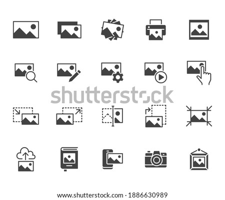 Photo flat icon set. Image gallery, picture frame, printer, file resize, camera black minimal silhouette vector illustrations. Simple glyph signs for photos editor application.