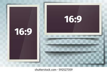 Photo frame 16:9. White plastic border on a transparent background. Photorealistic. Horizontal and vertical frame. Retro Photo Frame Template. Set of isolated shadows. Vector illustration.