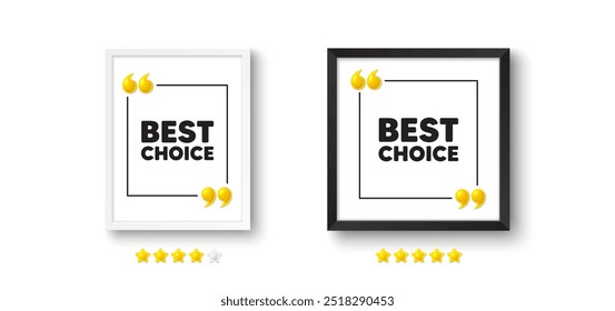 Marco de la foto con el icono de la cita 3d. Mejor etiqueta de elección. Oferta especial Cartel de venta. Símbolo de Descuentos publicitarios. Mensaje de chat de la mejor opción. Pared del marco de la imagen. Comillas 3D. Vector