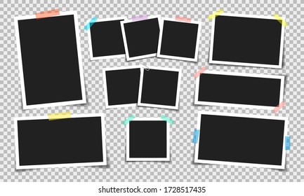 Photo frame with adhesive tape of different colors and paper clip. Photo realistic vector makeup of different size on transparent background. - Shutterstock ID 1728517435