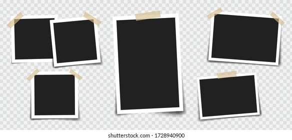 Photo frame with adhesive tape of different colors and paper clip. Photo realistic vector makeup of different size on transparent background.