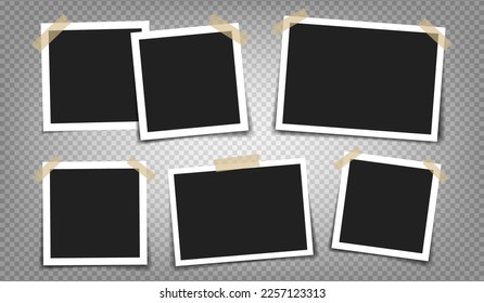 Photo frame with adhesive tape of different colors and paper clip. Photo realistic vector makeup of different size on transparent background.