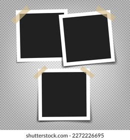 Photo frame with adhesive tape of different colors and paper clip. Photo realistic vector makeup of different size on transparent background.