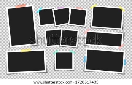 Photo frame with adhesive tape of different colors and paper clip. Photo realistic vector makeup of different size on transparent background.