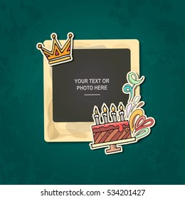 Photo frame Album template for kid, baby, family or memories. Scrapbook concept, vector illustration.