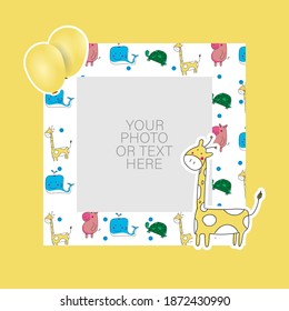 Photo frame with animal icons and a cartoon giraffe with balloons design