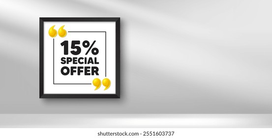 Banner da moldura da foto. etiqueta de oferta de desconto de 15%. Sinal de promoção de preço de venda. Símbolo de oferta especial. Mensagem de quadro de imagem de desconto. citação vírgula 3d. Vetor