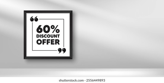 Photo frame banner. 60 percent discount tag. Sale offer price sign. Special offer symbol. Discount picture frame message. 3d comma quotation. Vector