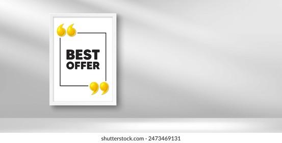 Photo frame banner. Best offer tag. Special price Sale sign. Advertising Discounts symbol. Best offer picture frame message. 3d comma quotation. Vector