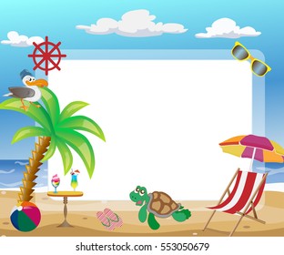 photo frame: beach, palm tree, sea turtle, chaise lounge, cocktail table