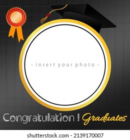 Photo Frame With The Best College Graduate Theme.Congratulations Graduates Lettering Vector Illustration. Typography Photo Template For Graduation Event.
