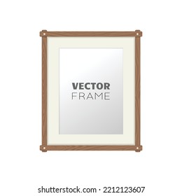 Photo frame with blank white paper. Four planks connected by nails, thin wooden planks. Wood texture and white paper. Wall picture or image template, sand color paper.