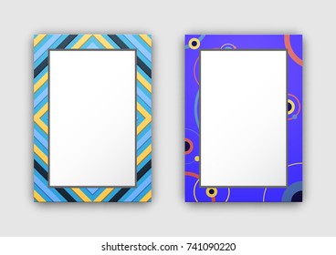 Photo frame with blue border and abstract geometric lines and circles vector illustration isolated on white background. Empty creative pattern