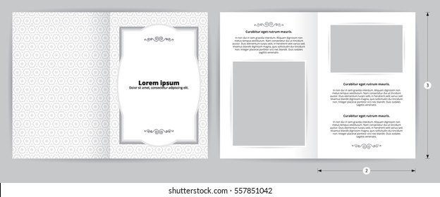 Photo frame brochure two side printing, gray hexagon pattern back cover, logo and company name in front side, gray tone flyer template with editable text box, blank image block with title and content