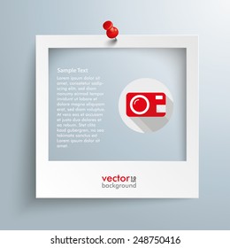 Photo frame with camera symbol and red thumbtack on the gray background. Eps 10 vector file.