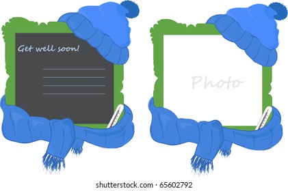 Photo frame with cap, scarf and the thermometer, symbolizing illness