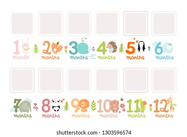 Photo frame with cartoon characters. Photo frame for children. The first year of life. 1-12 months