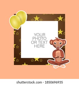 Photo frame with cartoon monkey and balloons design