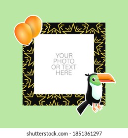Photo frame with cartoon toucan and balloons design