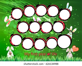 Photo frame for the child. The first year of life. From birth to the first birthday. Horizontal orientation of the sheet for your design. Rabbits in the grass play hide-and-seek