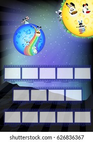 Photo frame for the child. The first year of life. From birth to the first birthday. Vertical sheet orientation for your design. space. Planets in the universe. Yellow blue planet with merry rabbits.