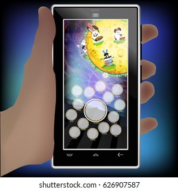 Photo frame for the child. The first year of life. From birth to the first birthday. Vertical sheet orientation for your design. space. Planets in the universe. Yellow planet. Smart phone hold hand
