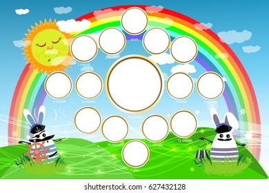 Photo frame for the child. The first year of life. From birth to the first birthday. Horizontal orientation of the sheet for your design. Captain and sailor rabbit on the lawn
