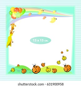 Photo frame for a child. Illustrations for your design. Format for standard photo printing. Format square photo. Flying giraffe on balloons