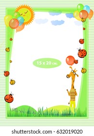 Photo frame for a child. Illustrations for your design. Format for standard photo printing. Format standard photo. Vertical orientation. Giraffe in the meadow under the sun