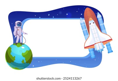 Moldura de foto para uma criança. Estilo do espaço. Astronauta em traje espacial, planeta Terra. Nave espacial grande, nave auxiliar contra o fundo do céu estrelado. Ilustração vetorial isolada sobre fundo branco.