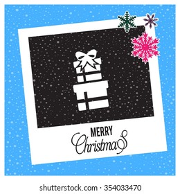 photo frame with christmas hat border and creative typography in footer on glowing Vector background, Christmas card and gift box decoration background
