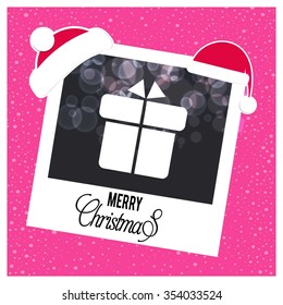photo frame with christmas hat border and creative typography in footer on glowing Vector background, Christmas card and gift box decoration background
