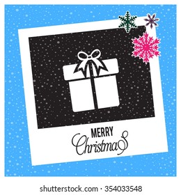 photo frame with christmas hat border and creative typography in footer on glowing Vector background, Christmas card and gift box decoration background
