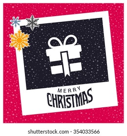 photo frame with christmas hat border and creative typography in footer on glowing Vector background, Christmas card and gift box decoration background
