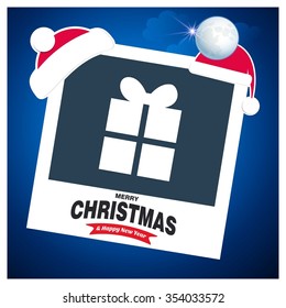 photo frame with christmas hat border and creative typography in footer on glowing Vector background, Christmas card and gift box decoration background
