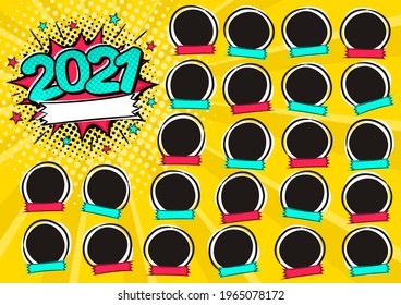 Photo frame for class of 2021 in pop art style. A photo album for a graduating class or community. Vector Template for the design of frames for Kindergarten, photographs, posters, cards.