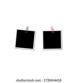 Photo frame with clip on white background with shadow effect. Template, blank.