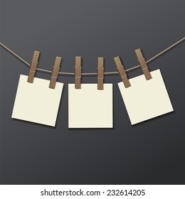 photo frame with clothespin isolated. Vector illustration. Realistic. Drying photo.
