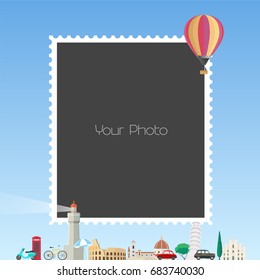 Photo Frame Collage With Cartoon Background For European Countries And Hot Air Balloon  Vector Illustration. Travel And Fun Themes For Photo Frames
