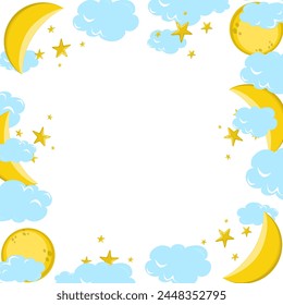 Photo frame, collage of celestial bodies sun, moon and moon on the background of clouds and stars. 