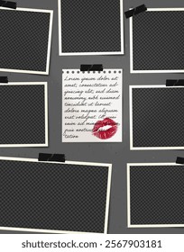 Photo frame collage with lips and kiss note. Retro scrapbook paper design featuring a square layout and border for album or poster on cement wall background.