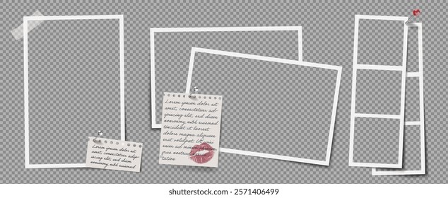 Photo frame collage with paper note and kiss. Transparent vector blank template with white border, ideal for vintage album mockups or scrapbook pages.