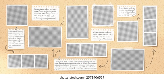 Photo frame collage with paper note and arrow element. Retro scrapbook design with vector image layout, featuring a board background and square shape.