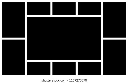 Photo frame collage. Picture frames old photographs template. Retro image montage mockup or photo frame photographic paper montage. Black square photos, vintage photograph album vector texture
