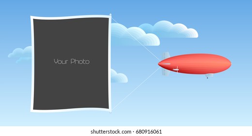 Photo frame collage, scrapbook vector illustration. Design element with retro blimp and photo frame template